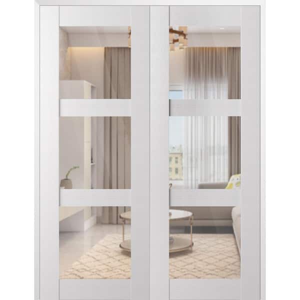 Paola 3 Lite 64 in. x 96 in. Both Active 3-Lite Clear Glass Bianco Noble Wood Composite Double Prehung French Door
