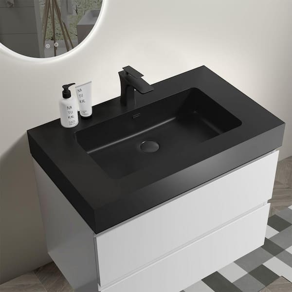 Modern 39 Floating Black Bathroom Vanity Stone Top Wall Mounted Bathroom  Cabinet