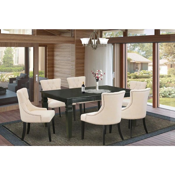 East West Furniture 7-Piece Rectangle Black Finish Solid Wood Top Dining Table with 6 Parson-Chairs with Butterfly Leaf Lattice Back