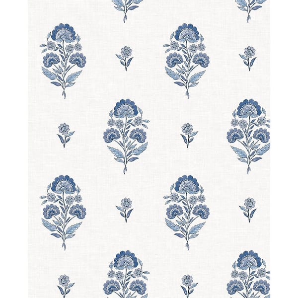 30.75 sq. ft. Delft Blue Floral Spot Premium Matte Non-Woven Paper Peel and Stick Wallpaper Roll