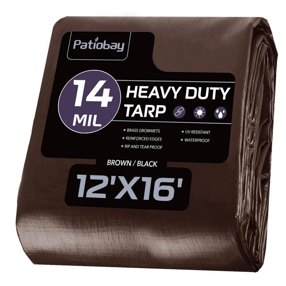 12 ft. x 16 ft. 14 Mil Heavy Duty Waterproof 420D Plastic Tarp with 23.6 in. Grommets for Outdoor, Brown and Black price history on PriceWatchPro