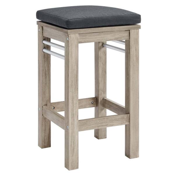 MODWAY Wiscasset Acacia Wood Outdoor Bar Stool in Light Gray with Gray Cushions