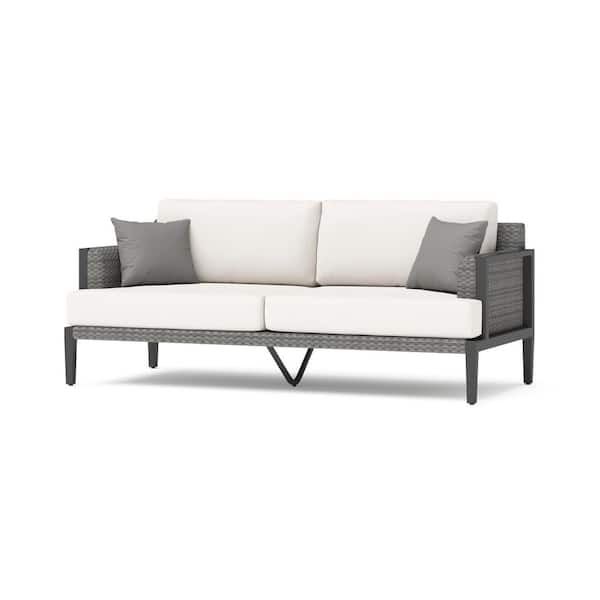 RST BRANDS Vistano Grey Wicker Outdoor 76 in. Couch with Canvas Flax Sunbrella Cushions
