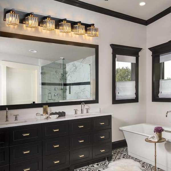 Orillia 43.3 in. 6-Light Black and Gold Bathroom Vanity Light with Crystal Shades