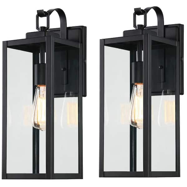 1-Light Matte Black Hardwired Outdoor Wall Lantern Sconce with Seeded Glass(2-Pack)