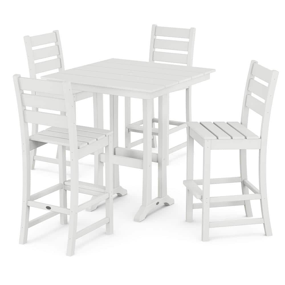 POLYWOOD Grant Park White 5-Piece HDPE Plastic Side Chair Farmhouse Trestle Bar Set -  PWS2393-1-WH