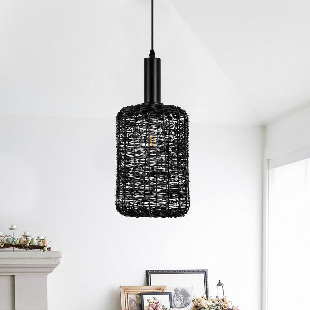 Farmhouse 7 in. 1-Light Matte Black Pendant Light With Metal woven Cage shade price history on PriceWatchPro