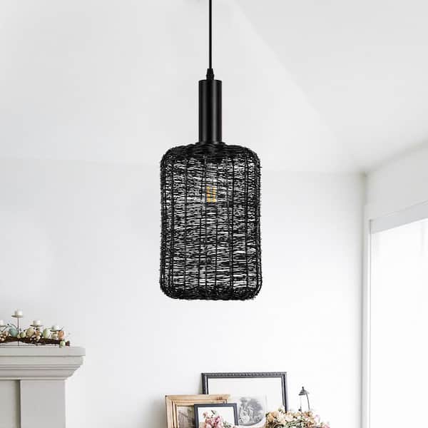 Farmhouse 7 in. 1-Light Matte Black Pendant Light With Metal woven Cage shade