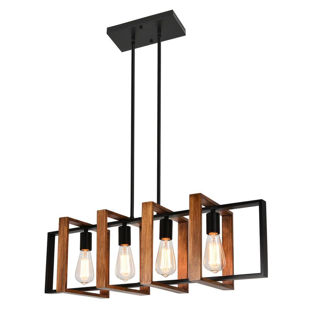4-Light Black and Wood Farmhouse Wood Shell Pendant Light for Dining Room a