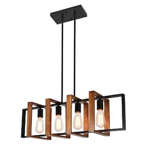4-Light Black and Wood Farmhouse Wood Shell Pendant Light for Dining Room and Parlor, Reception Room,Kitchen