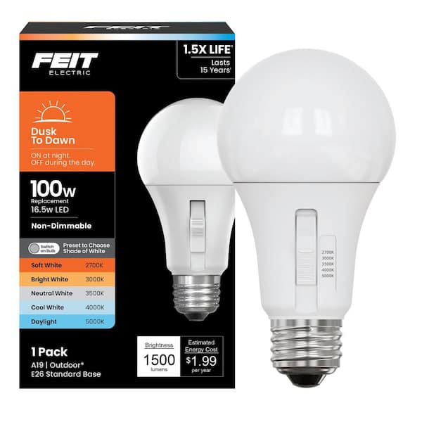 100-Watt Equivalent A-Style A19 Dusk to Dawn E26 LED Light Bulb W/Selectable White 2700K/3000K/3500K/4000K/5000K(1-Pack)