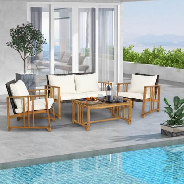 Clihome 4-Piece Wood Patio Rattan Conversation Set with Seat and Back White Cushions