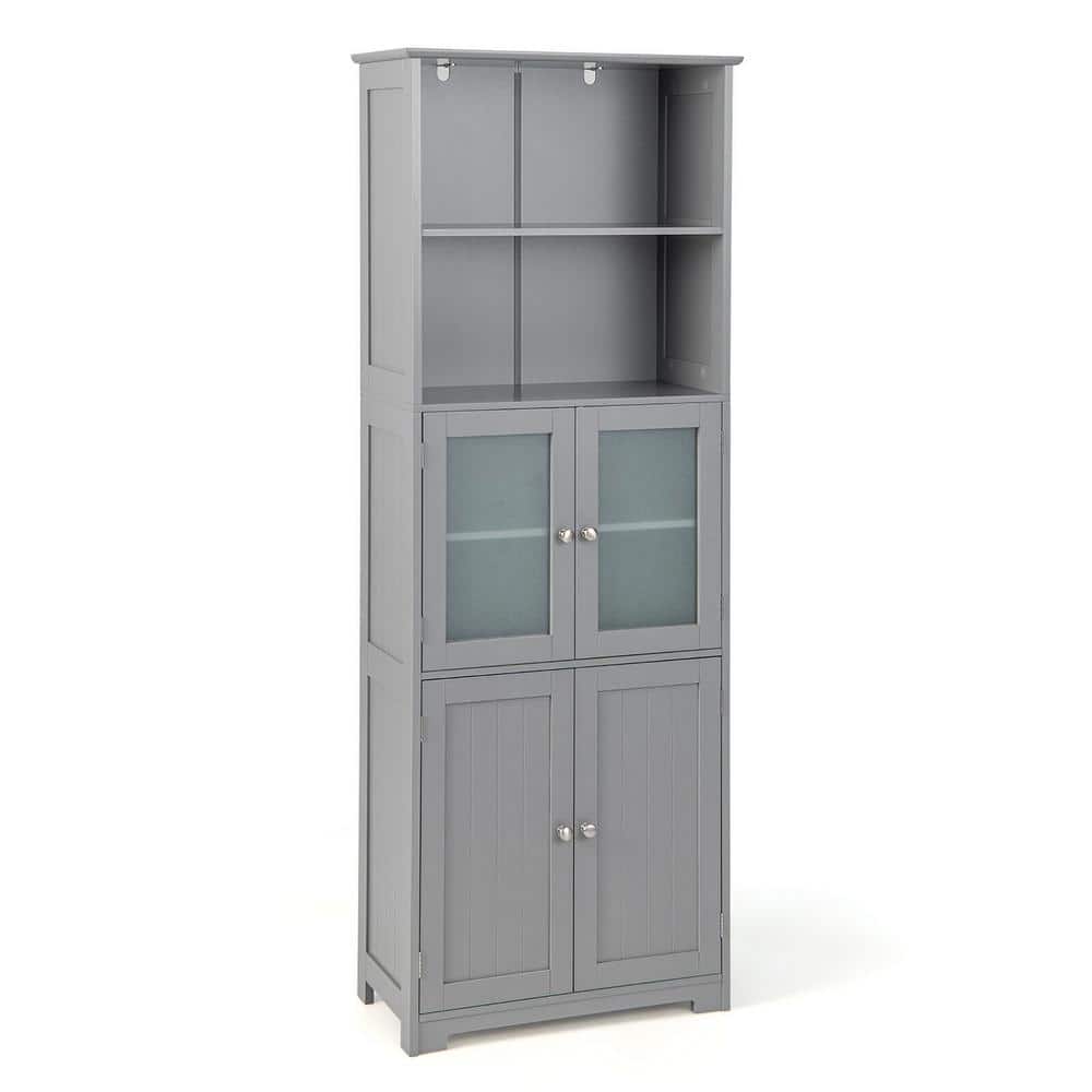 Gymax 23.5 in. W x 12 in. D x 64 in. H Gray Bathroom Tall Storage Linen Cabinet Tower w/Glass Door & Adjustable Shelf -  GYM11072
