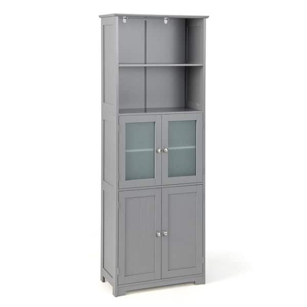 Gymax 23.5 in. W x 12 in. D x 64 in. H Gray Bathroom Tall Storage Linen Cabinet Tower w/Glass Door & Adjustable Shelf