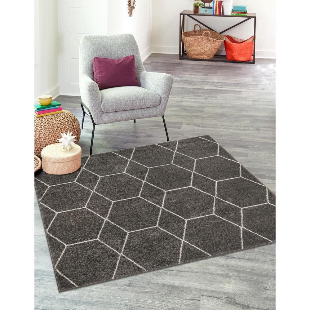 Trellis Frieze Dark Gray Square Synthetic Area Rug