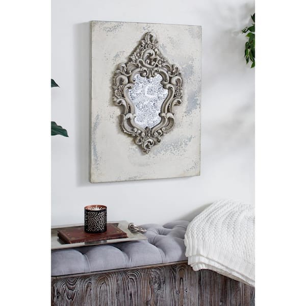 Litton Lane Large Gray and Beige Antique Frame with Damask Print Wooden Wall Art
