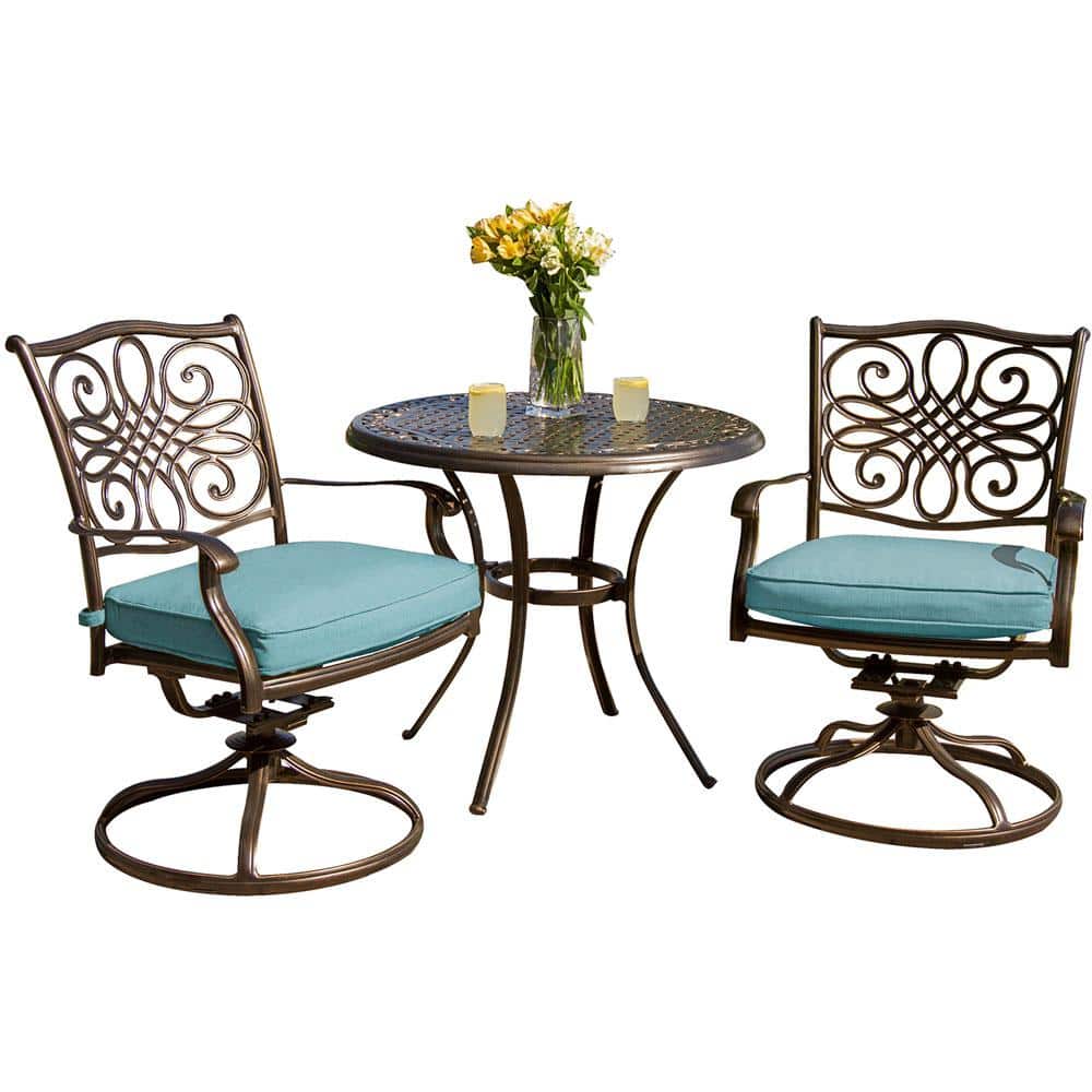 Cambridge Seasons 3-Piece Aluminum Round Outdoor Bistro Set with Two Swivel Rockers and Blue Cushions -  SEASDN3PCSW-BLU