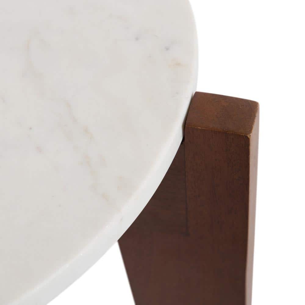 Walnut Brown Round Marble Side Table with Solid Wood Base