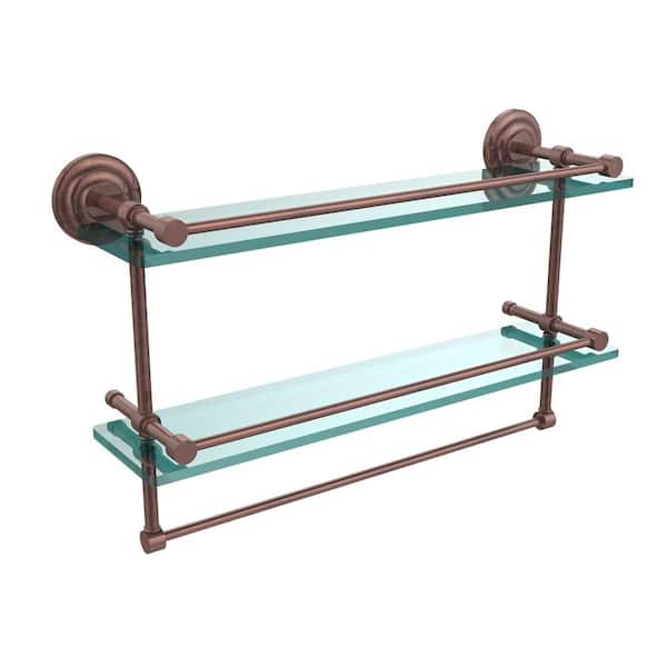 Allied Brass 22 in. L x 12 in. H x 5 in. W 2-Tier Gallery Clear Glass Bathroom Shelf with Towel Bar in Antique Copper