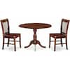 Mahogany finish dining set including a round dropleaf table and two chairs.