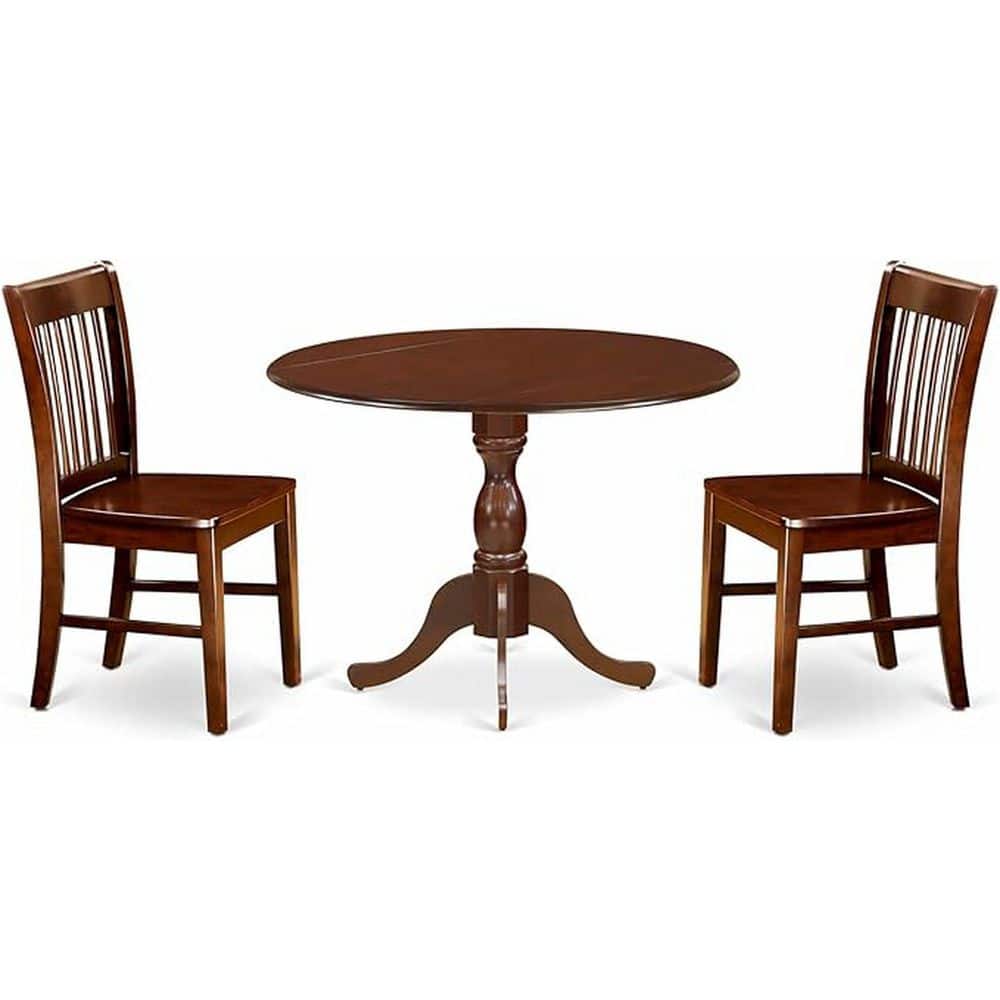 Mahogany finish dining set including a round dropleaf table and two chairs.