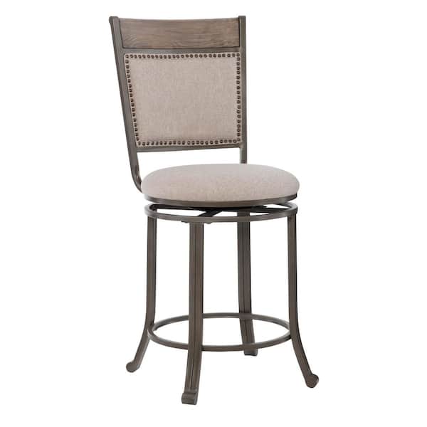 Terran 24.25 in. Pewter Full Back Metal Upholstered Counter Stool with Fabric Seat