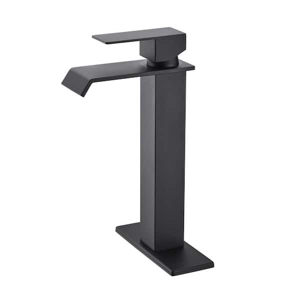 Satico Single Handle Single Hole Bathroom Sink Faucet with Deckplate and Waterfall Spout in Matte Black (1-Pack ）