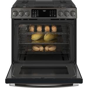 Profile 30 in. 5.6 cu. ft. Slide-In Gas Range with Self-Cleaning Convection Oven and Air Fry in Black Stainless Steel