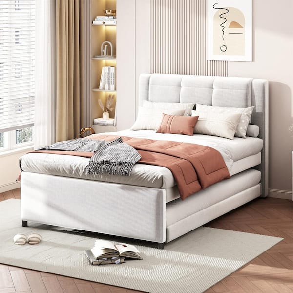 Polibi Beige Wood Frame Full Platform Bed with Trundle