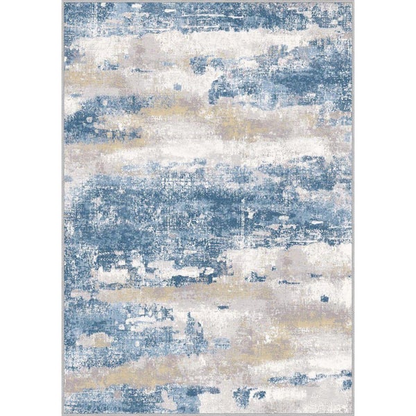 Zephyr Machine Washable Cream Blue 8 ft. x 10 ft. Modern Abstract Indoor Area Rug
