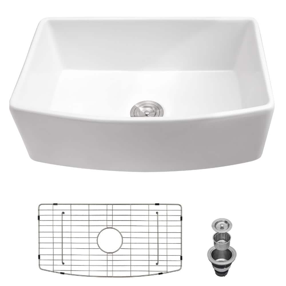 White Ceramic 30 in. L x 19 in. W Rectangular Single Bowl Farmhouse Apron Kitchen Sink with Bottom Grid and Strainer price history on PriceWatchPro