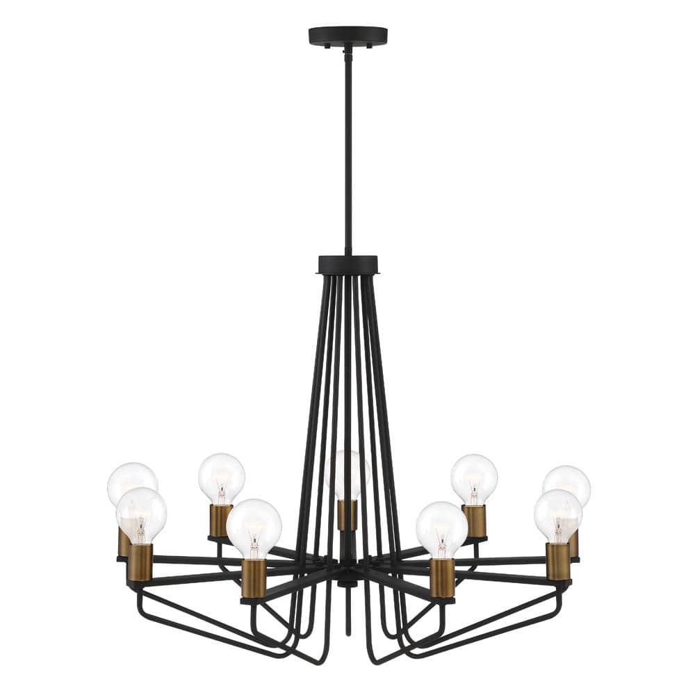 Ravella 27" Black Aluminum 9-Light Industrial Chandelier with Satin Brass Accents