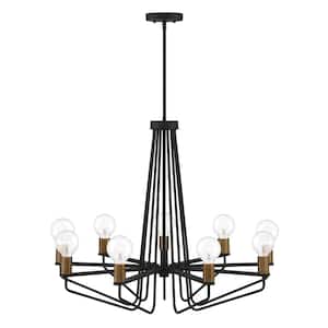 Ravella 9-Light Mid-Century Black Chandelier with Old Satin Brass Accents For Dining Rooms