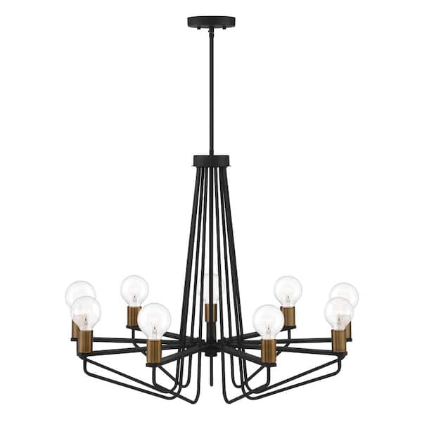 Designers Fountain Ravella 9-Light Mid-Century Black Chandelier with Old Satin Brass Accents For Dining Rooms