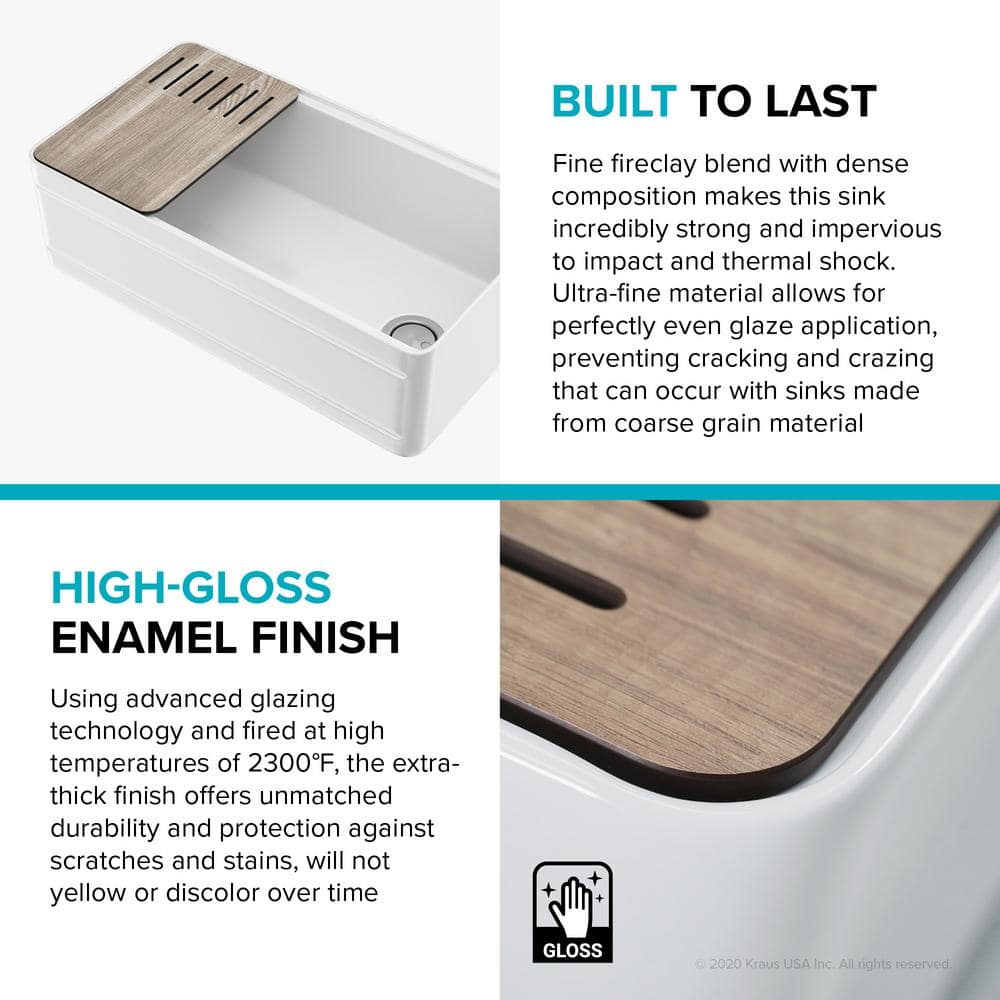 Gloss White Fireclay Farmhouse Single Bowl Kitchen Sink with Accessories
