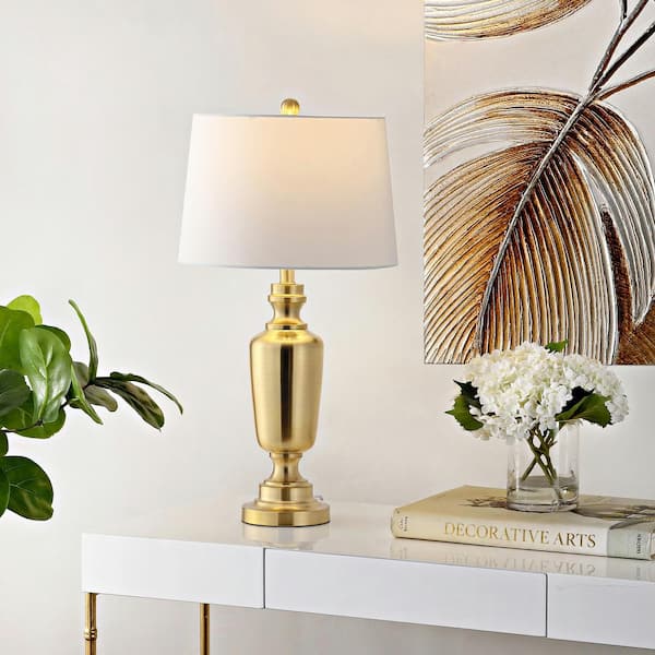 SAFAVIEH Ezra 28 in. Brass Table Lamp with White Shade