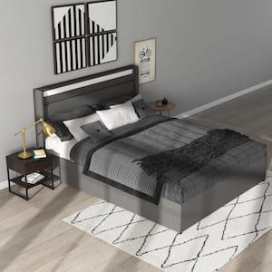 Gray Upholstered Queen Size Platform Bed with LED Light and Bed Drawers