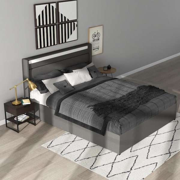 ULSMVOC Gray Upholstered Queen Size Platform Bed with LED Light and Bed Drawers