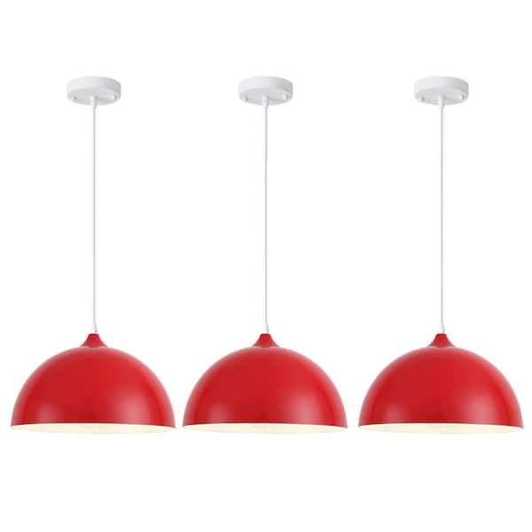 3-Pieces 1-Light Red Vintage Pendant Hanging Light with Metal Shade for Bedroom