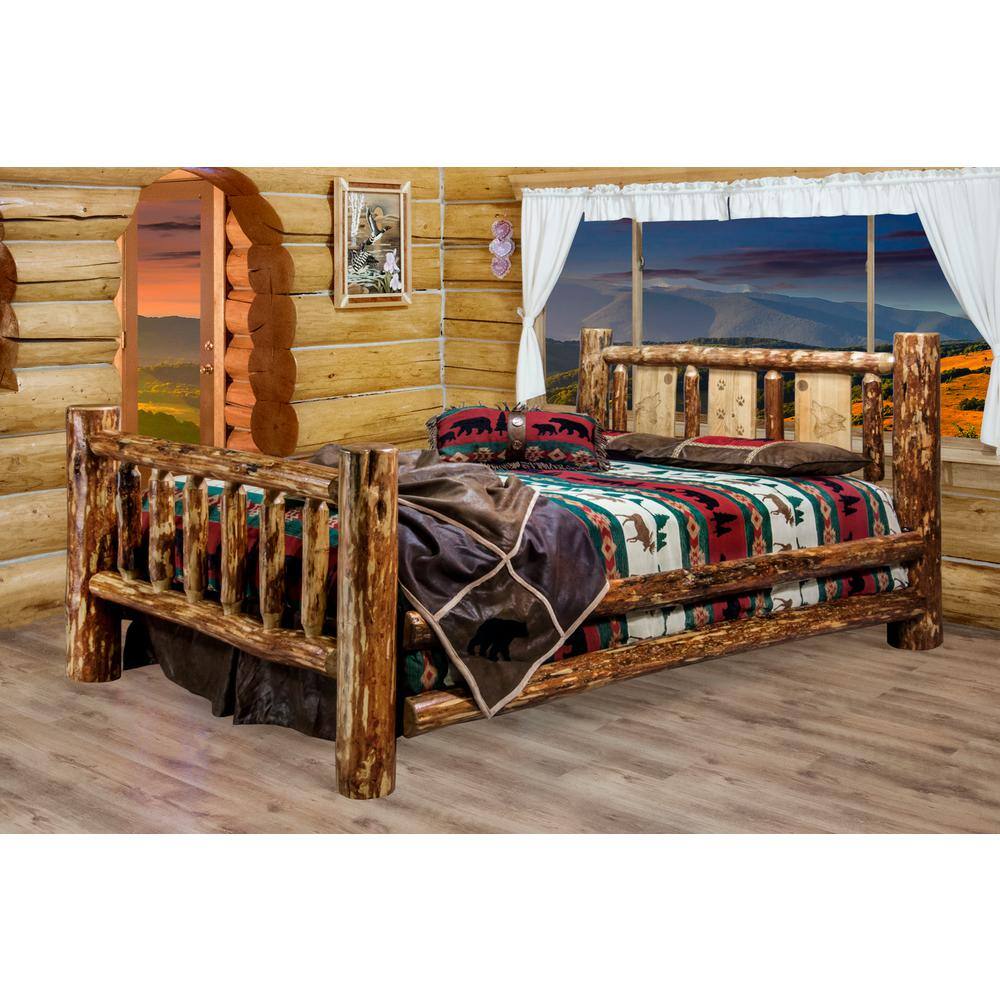 Royal Pine King Bed with Wolf Engraved Headboard and Wood Frame
