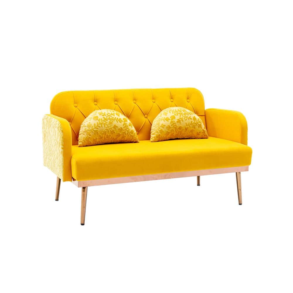 Modern 55 in. Yellow Upholstered Tufted Velvet 2-Seat Loveseat with 2 Pillo