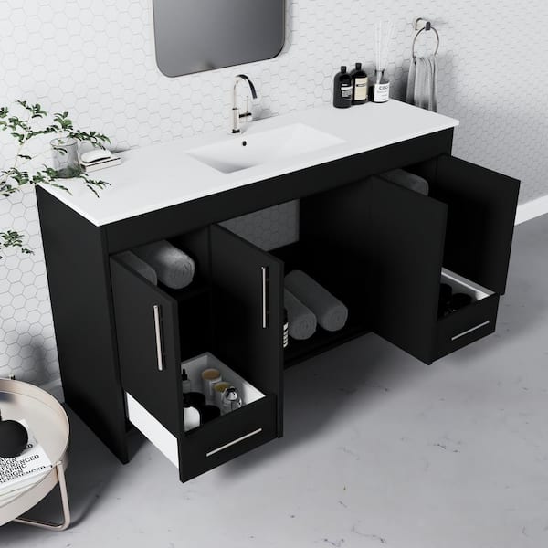 Pacific 60 in. Modern Bathroom Vanity in Black with Integrated Ceramic Top and Brushed Nickel Handles