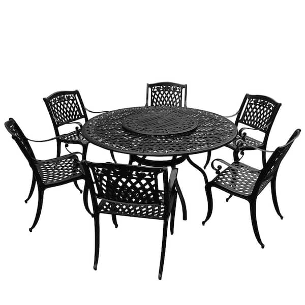 Oakland Living Black 7-Piece Aluminum Round Mesh Outdoor Dining Set with 6-Chairs