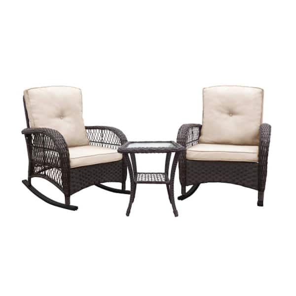 ITOPFOX 3-Piece PE Wicker Brown Rattan Rocker Outdoor Bistro Set with Glass Top Side Table & Beige Cushions