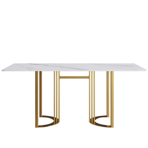 Magic Home 70.87 in. Rectangle White Sintered Stone Top Double Pedestal Gold Metal Base Dining Table (Seats-6)