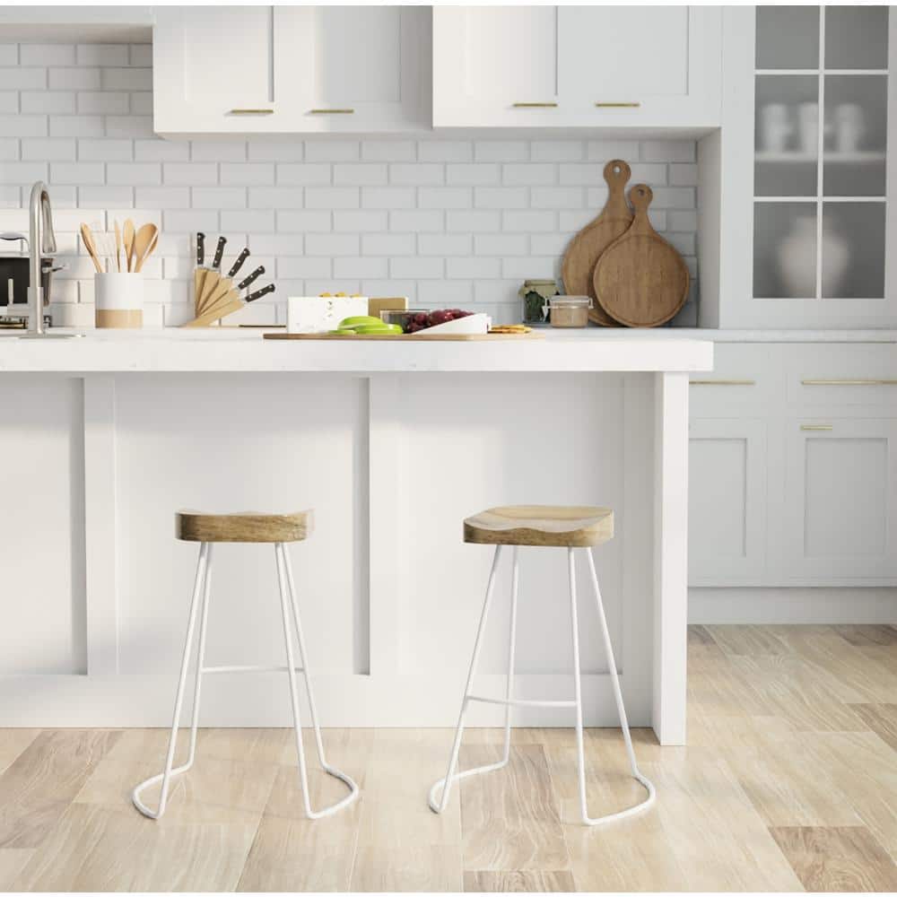 Set of 2 Natural Mango Wood and White Iron Counter Stools