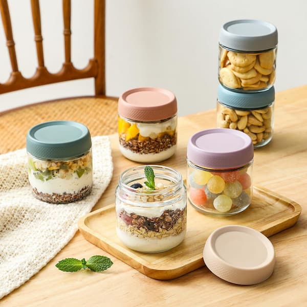 6 Pack 10oz Airtight BPA-Free Glass Food Storage Jars Set Wide Mouth Containers for Yogurt Oats Salad Snacks Spices
