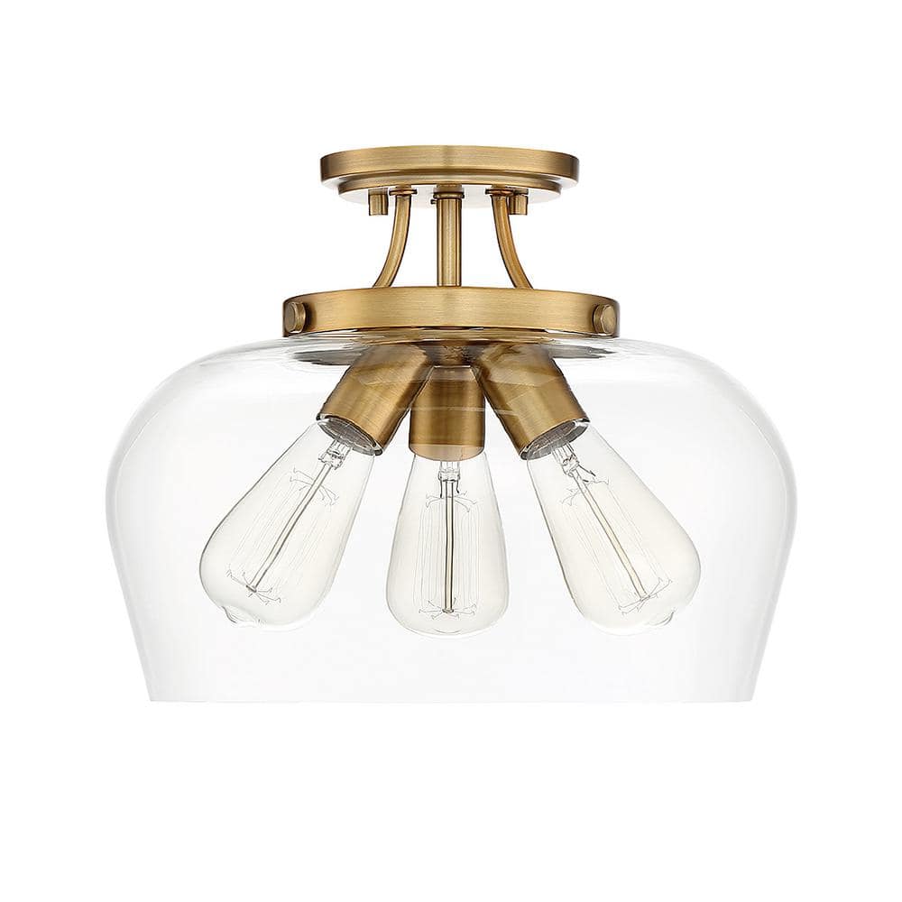 Elegant Warm Brass 3-Light Semi-Flush Mount with Curved Glass Shade