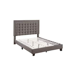 Ady Grayish Brown Wood Frame California King Size Platform Bed with Tufted Upholstered Headboard