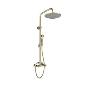 Shower System 1-Spray Patterns with 2.5 GPM 10 in. Wall Mount Dual Shower Heads in Brushed Gold - Exposed Pipe